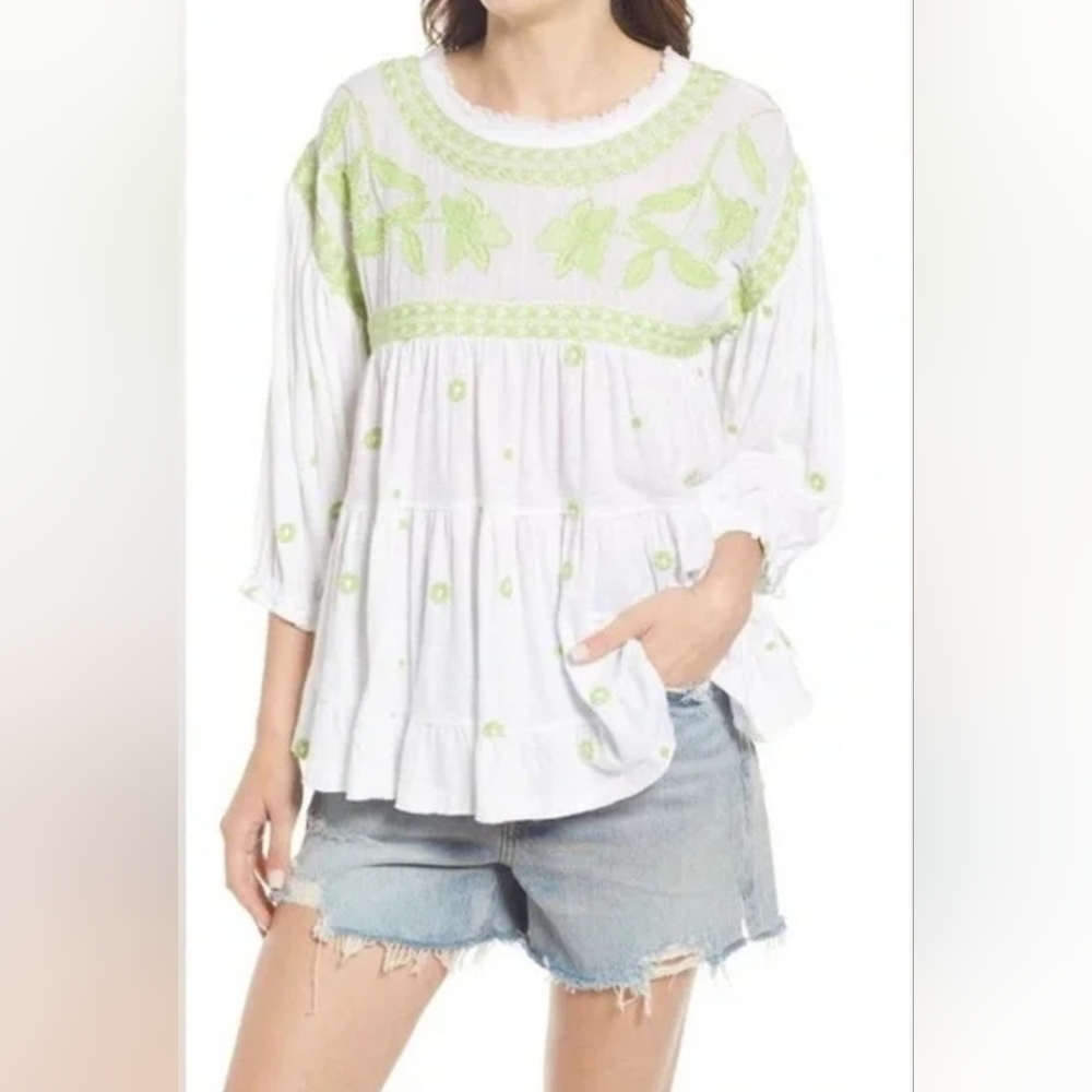 FREE PEOPLE Edie Embroidered Beads Pheasant Blouse White Boho Cottagecore Small